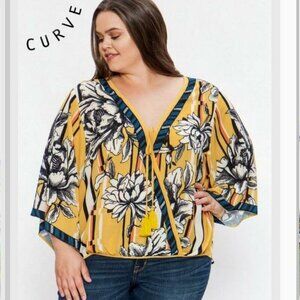 NWT Jealous Tomato Floral Kimono Blouse 1X Yellow Boho Tassel Tie